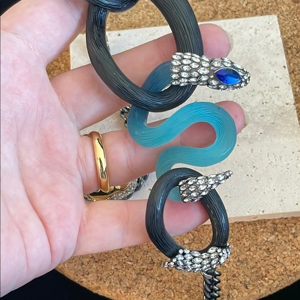 Alexis Bittar Snake Link Necklace Black Lucite Blue Crystal Statement Collar - Picture 10 of 10